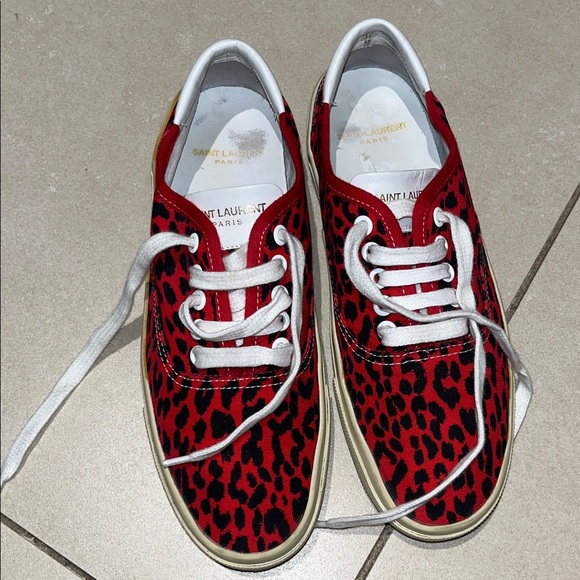 Saint Laurent Paris Red/Black Leopard Print Canvas Skate Low Top Sneakers - Picture 6 of 16